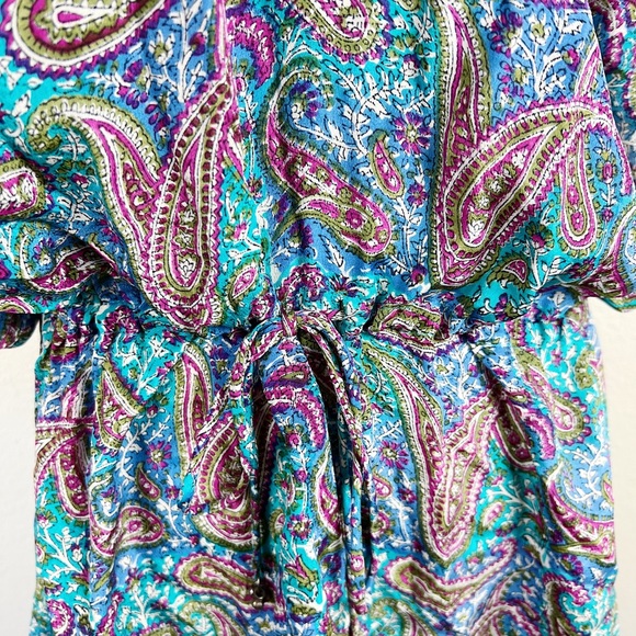Tolani Paisley Print  Teal Tassel Silk Mini Dress Cover Up - Picture 5 of 9